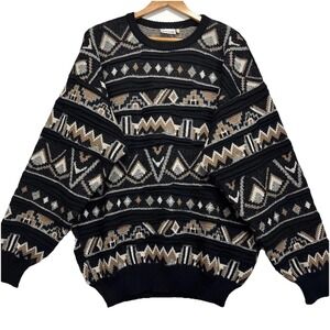VTG Radius Sweater Coogi Style 3D Western Sweaters 100% Wool Mens XL Black Italy